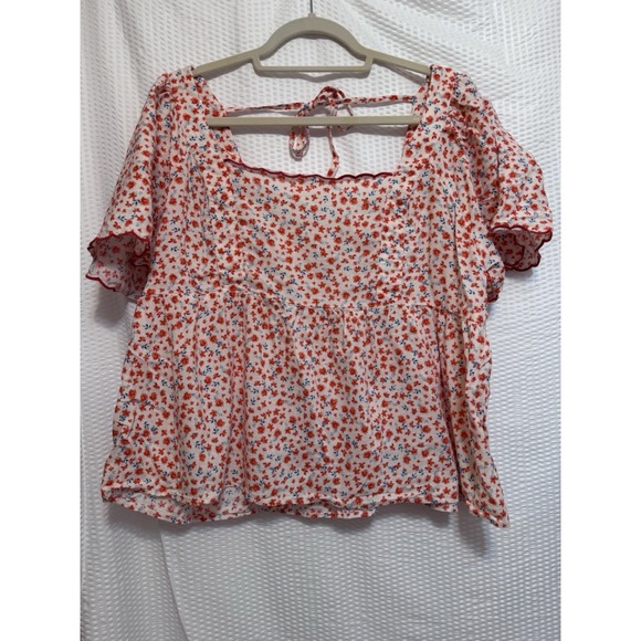 Old Navy Size XL Floral, Smocked Flutter Sleeve Top, Orange, White, Blue - Picture 2 of 4